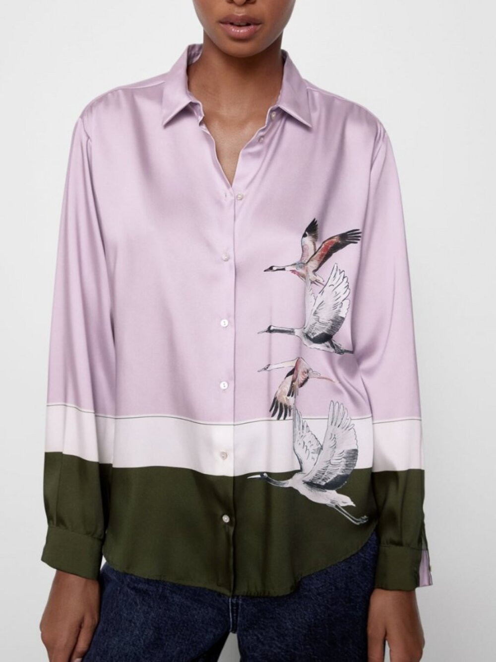 Colorblock Lavender Silk bird graphic print shirt Size M